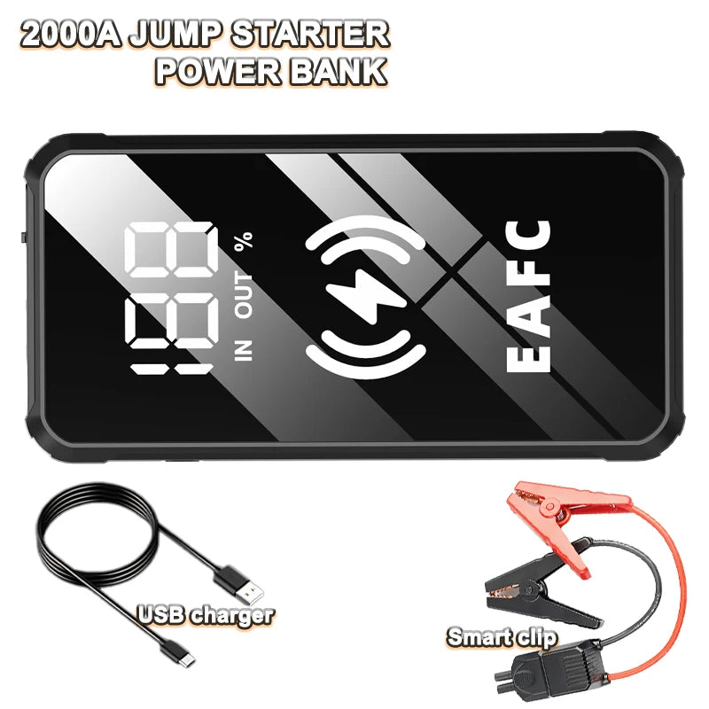 EAFC 2000A/1200A Car Battery Jump Starte 12V Portable Power Bank Wireless Fast Charging Emergency Power Booster Starting Device