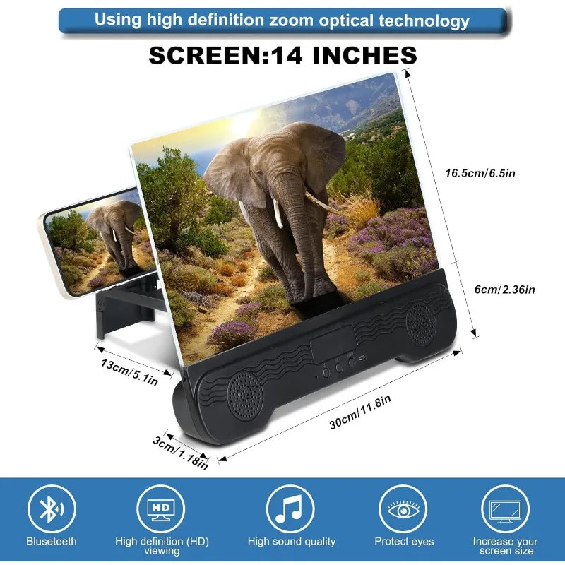 14" Cell Phone Screen Magnifier with Wireless Speaker Foldable Phone Stand with HD Screen Amplifier for Movies,Videos,Gaming