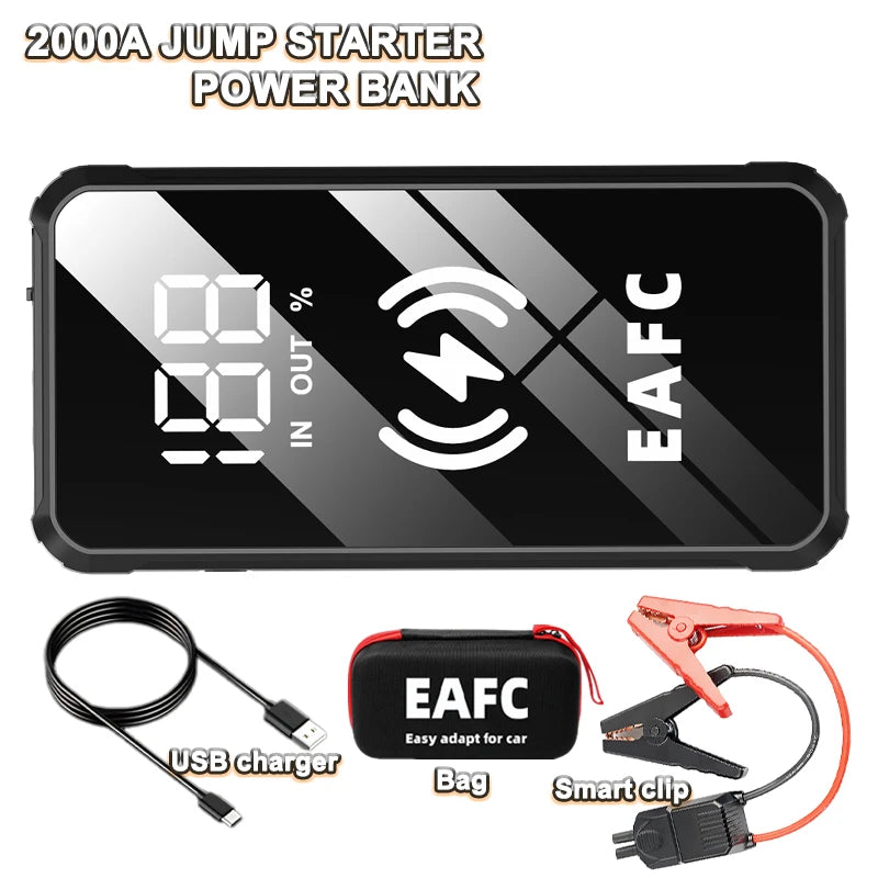 EAFC 2000A/1200A Car Battery Jump Starte 12V Portable Power Bank Wireless Fast Charging Emergency Power Booster Starting Device