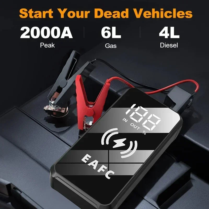EAFC 2000A/1200A Car Battery Jump Starte 12V Portable Power Bank Wireless Fast Charging Emergency Power Booster Starting Device